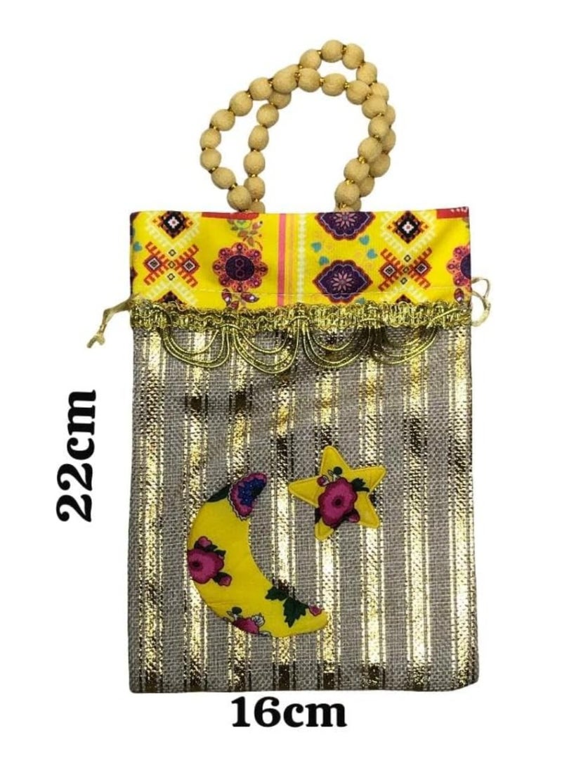 حقيبة حق الليلة، حقيبة مزخرفة ذهبية وصفراء بمقبض مطرز بالخرز، بتصميم هلال ونجمة، 16 × 22 سم، 12 قطعة - Image 2